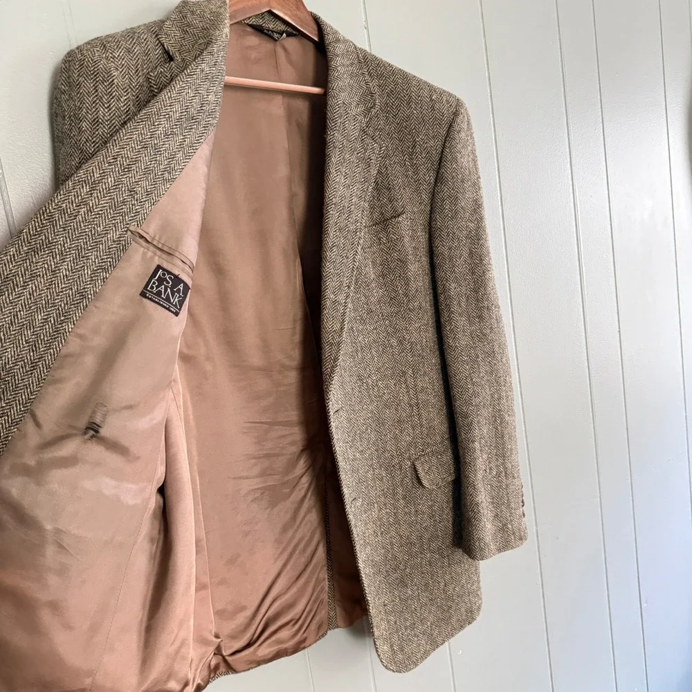 JOS ABANK Harris Tweed Blazer 44L Herringbone Wool Sport Brown Coat Horn Buttons
